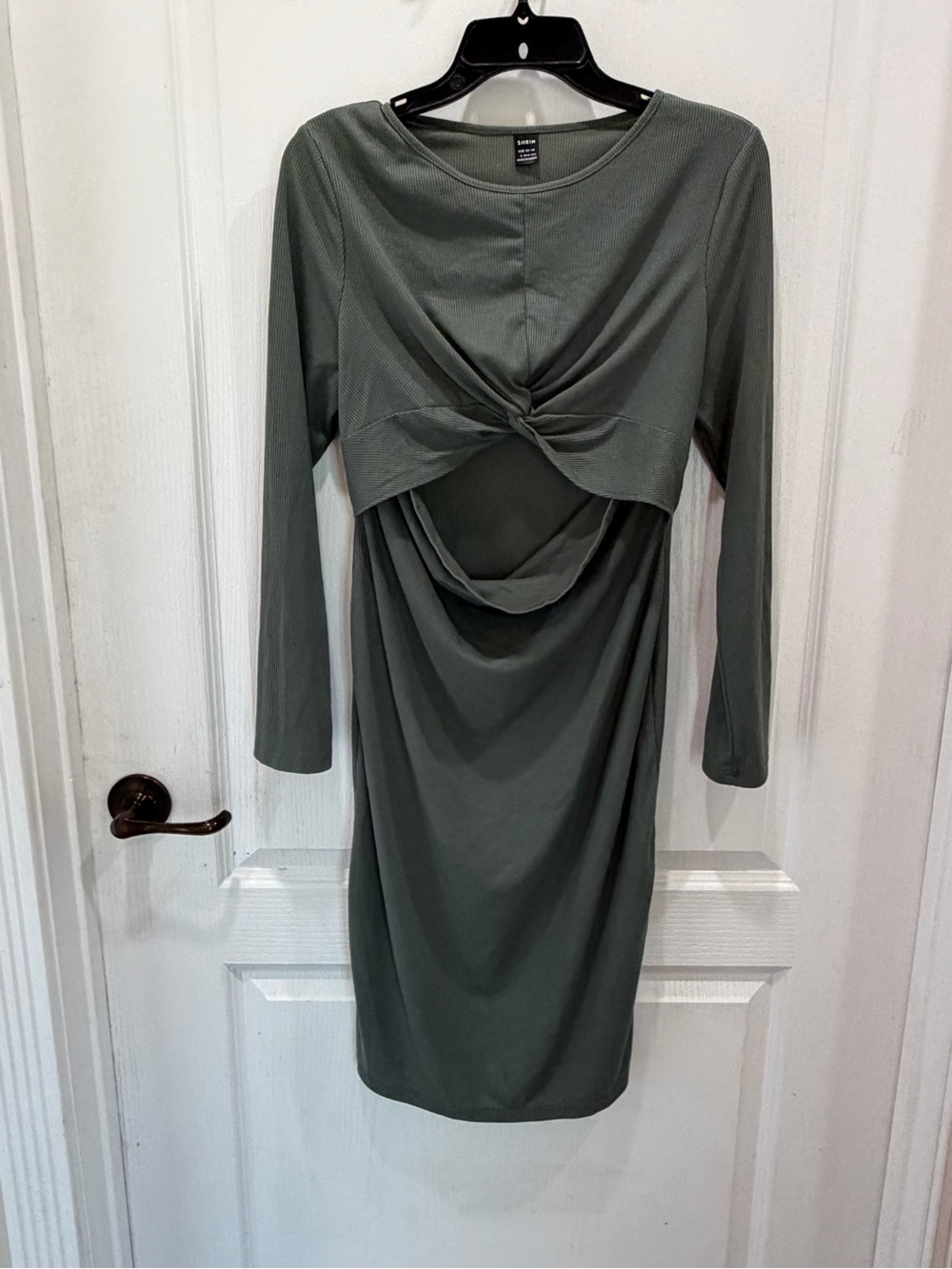 SHEIN Olive Green Long Sleeve Twist Cutout Midi Dress